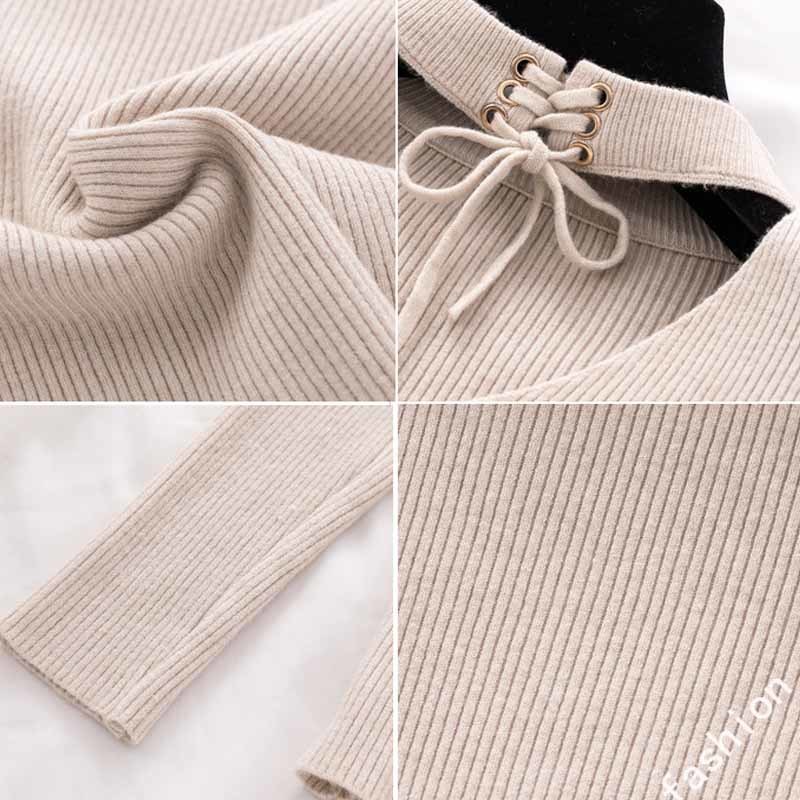 Stripes Knitted Jumper Women Solid Casual Sweaters Winter V-shaped Hollow Elegant Lace Up O-neck Pull Femme 11801 210508