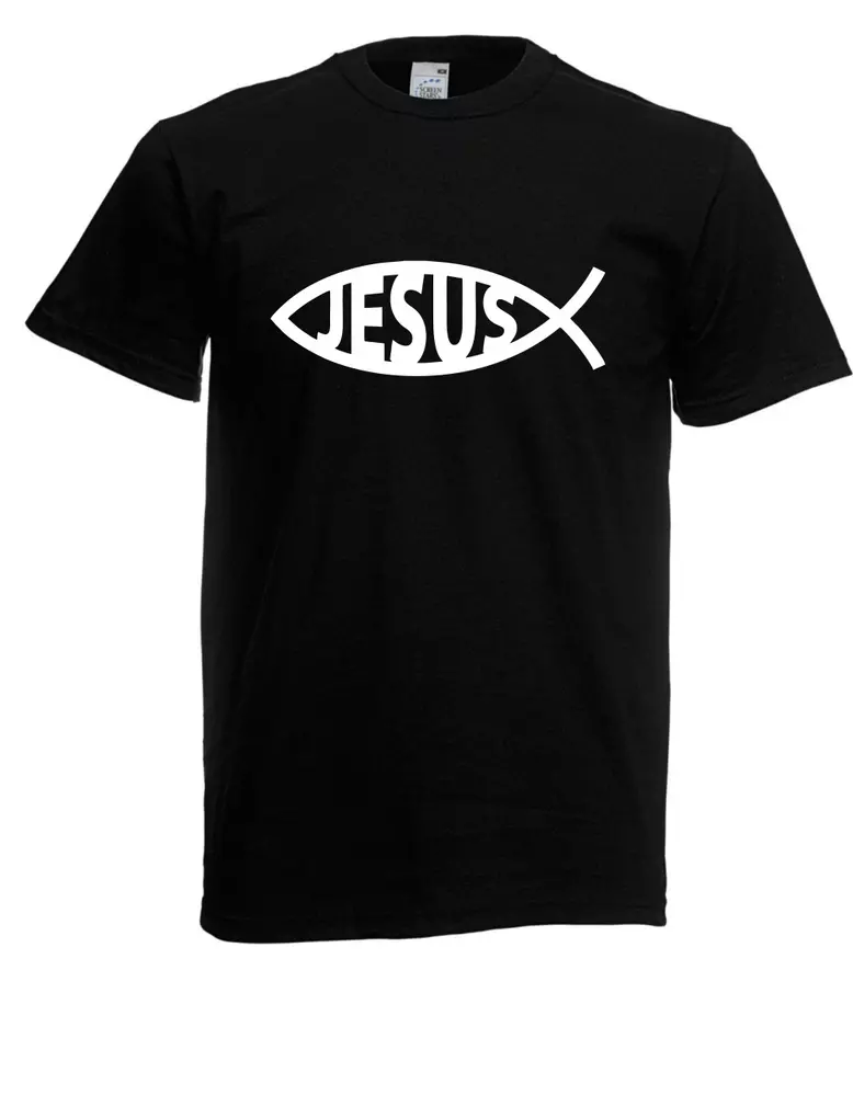Mens T-Shirt God Jesus Fish Chritian Sign Church Chruch Icon Size up to 5XL