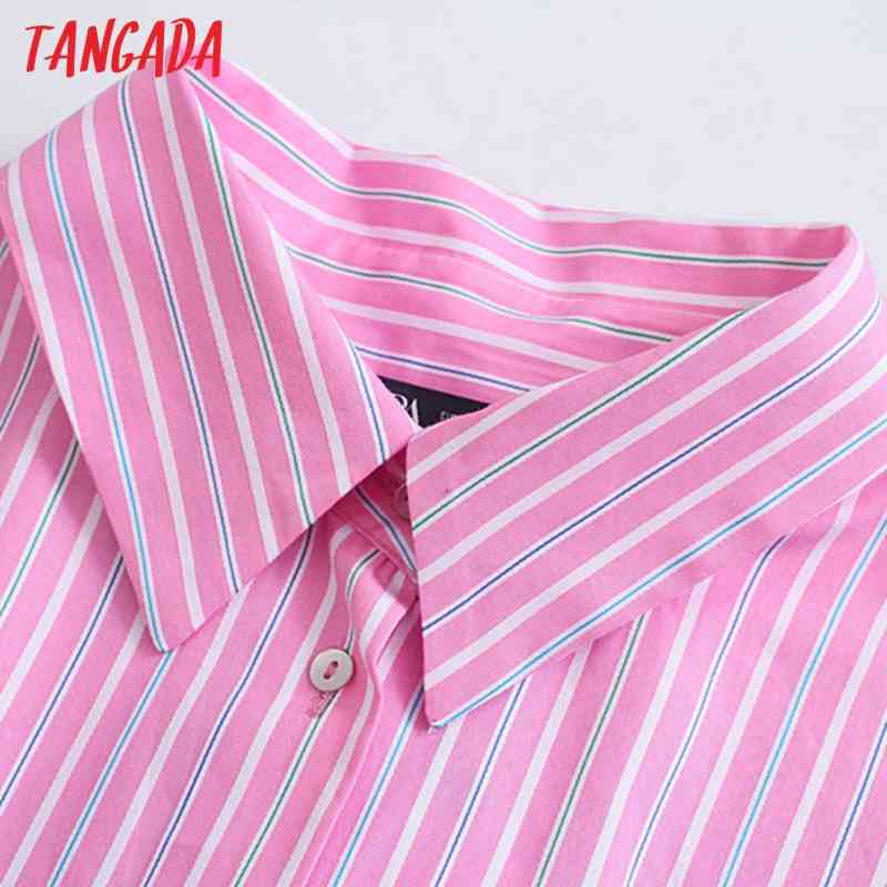 Women Vintage Pink Striped Print Crop Long Sleeve Chic Female Casual Shirt JE23 210416