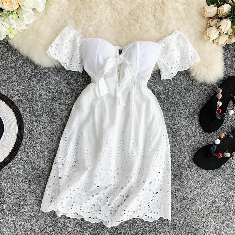 Women Beach Dress Fashion Summer Sexy Hollowing Out Off Shoulder White Female Loose A-line Robe Vestidos Mujer Casual Dresses