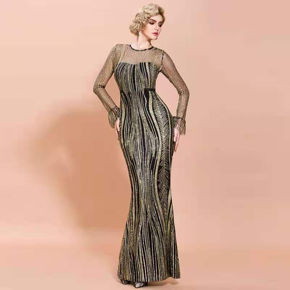 Free High Quality Women Elegant Shiny Long Dresses O-neck Sleeve Bodycon Dress Club Runway Party Vestidos 210524