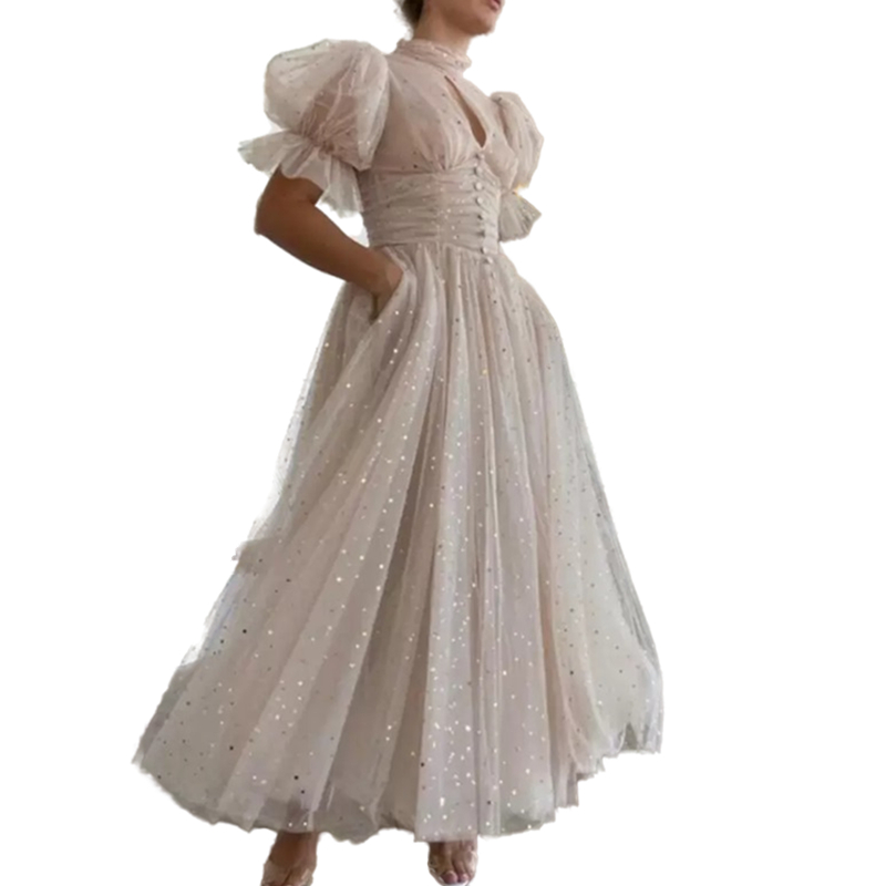 Vintage High Neck Starry Pastel Prom Dresses For Women Girls Short Sleeves A Line Princess Evening Gowns Tea-Length Women Party Dress Pockets