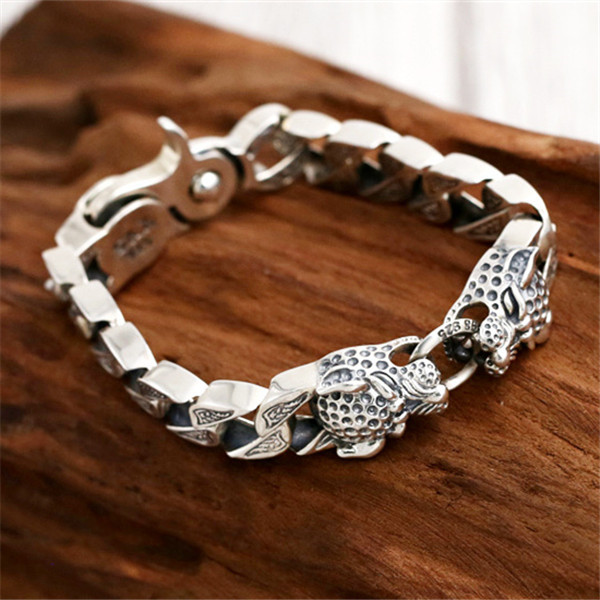 Quality 925 Sterling silver animal leopard heads link chain bracelets American European antique handmade vintage designer luxury jewelry accessories g