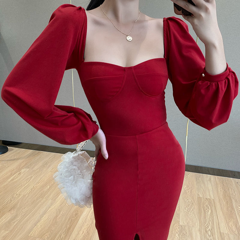 Women's Off Shoulder Split Dresses Casual Square Neck Puff Sleeve Bodycon Party Midi Autumn Elegant High Waist Slim 210522
