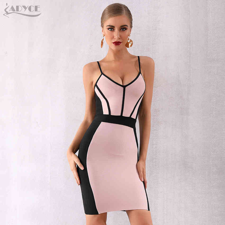 Summer Women Bodycon Bandage Dress Vestidos Elegant Pink Spaghetti Strap V Neck Club Celebrity Party 210423