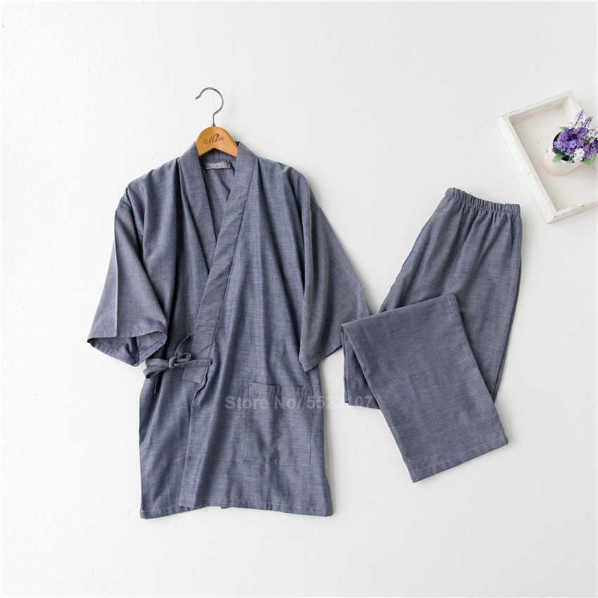 Traditional Kimono Sleepwear for Men Women Pure Cotton Loose Style Bathing Yukata Tops Trousers Pajamas Set Couple's Nightgown 210924