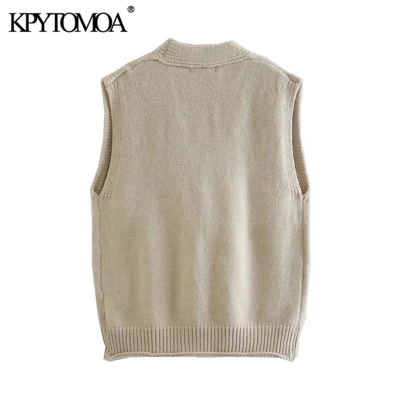 Women Fashion With Pockets Loose Knitted Vest Sweater Sleeveless Button-up Female Waistcoat Chic Tops 210420