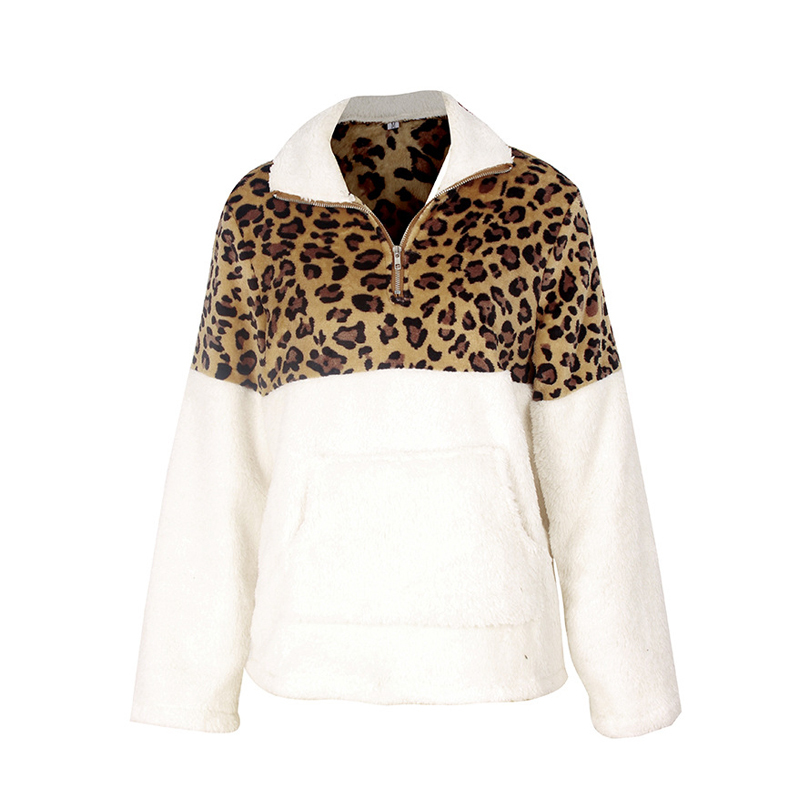 Women Winter Sweatshirt Leopard Patchwork Long Sleeve Pockets Ladies Plush Tops Zipper Pullover Warm Clothing Female 210415