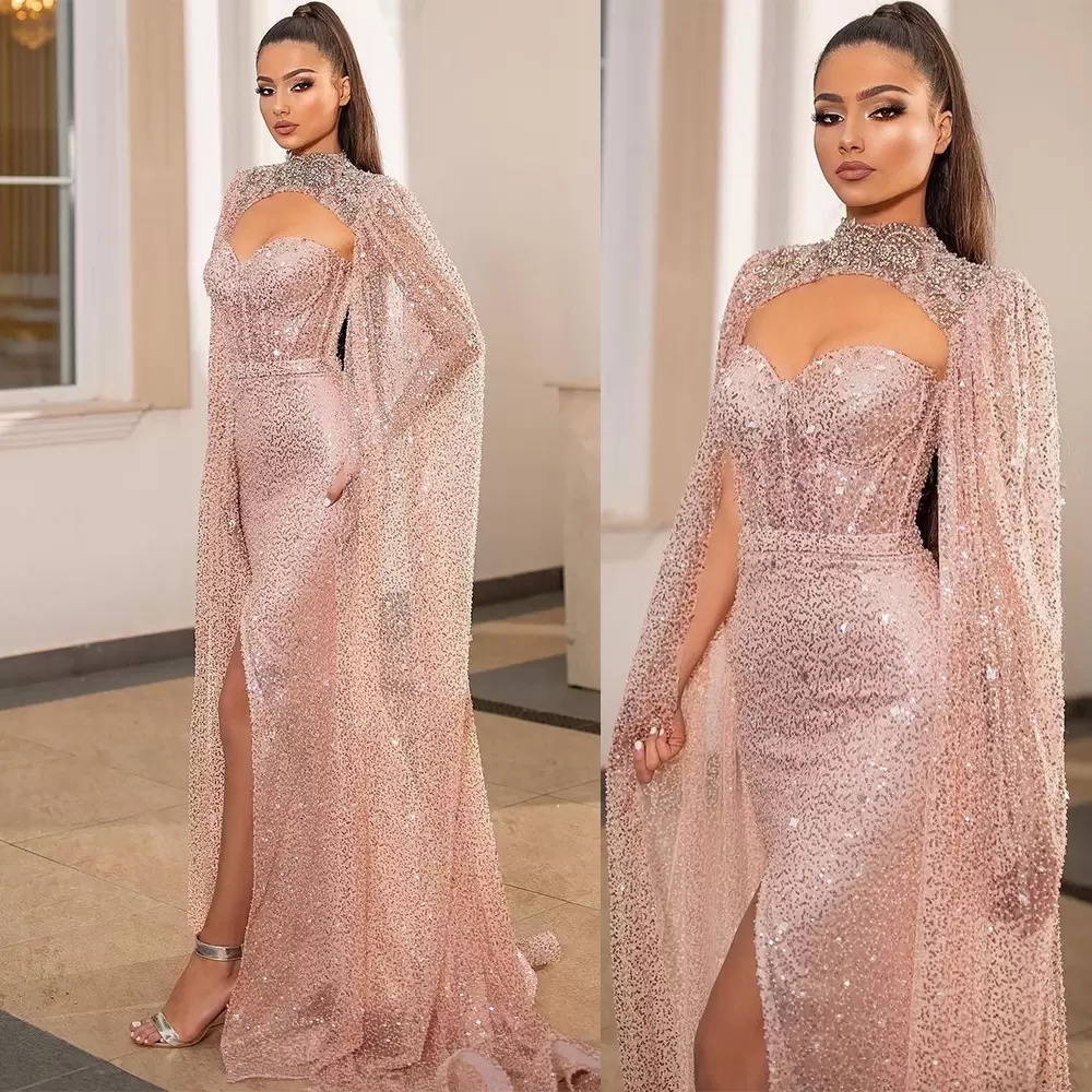 Glitter Glamorous Prom Dresses High Neck With Wrap Evening Dress Custom Made Short Sleeves Ruffles Plus Size Celebrity Party Gown