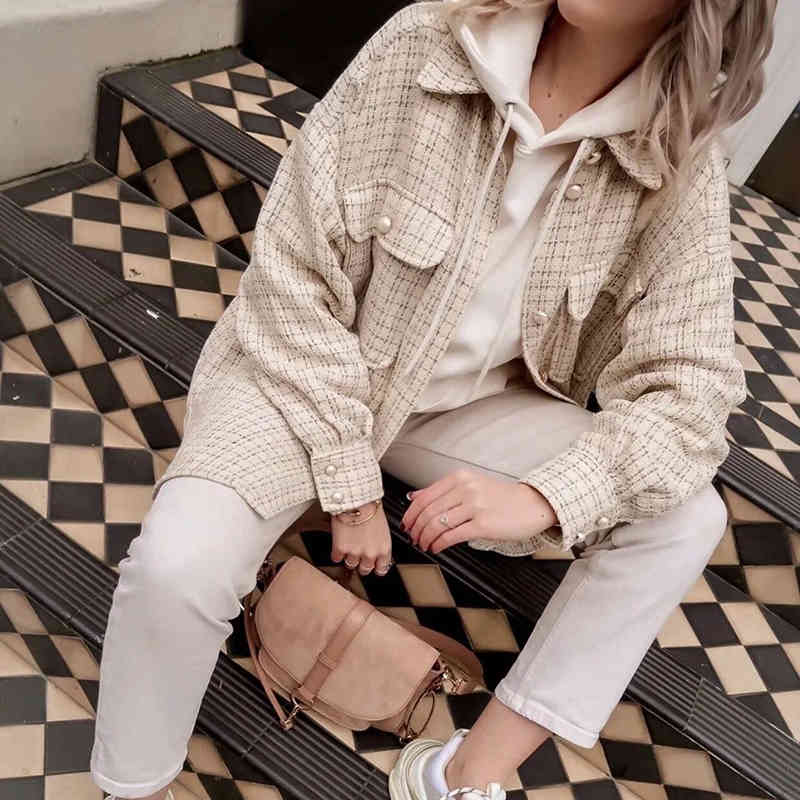 Tweed Women Vintage Oversize Plaid Shirts Spring-Autumn Chic Ladies Streetwear Loose Shirt Elegant Female Outfit Girls 210430
