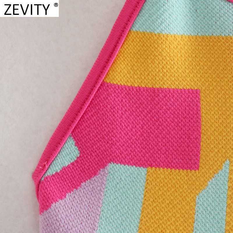 Zevity Women Chic Color Match Geometric Knitting Halter Camis Tank High Street Ladies Summer Backless Lace Up Crop Tops LS9427 210625