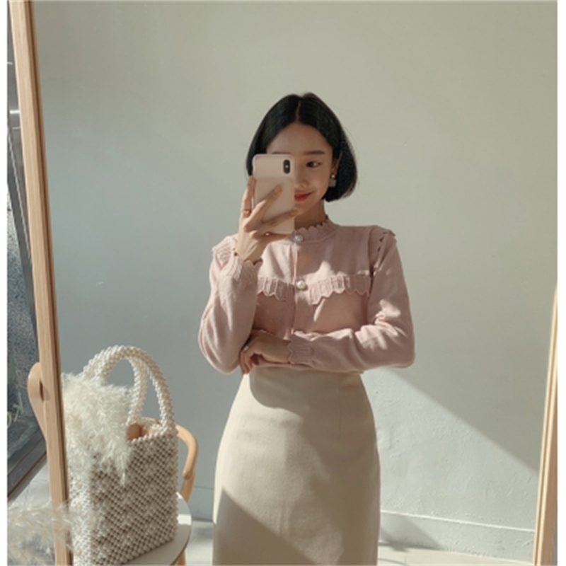 Autumn Korean Knitted Cardigans Tops Women Long Sleeve Pearl Buttons Single-breasted Ruffles Vintage Elegant Sweaters Femme 210514