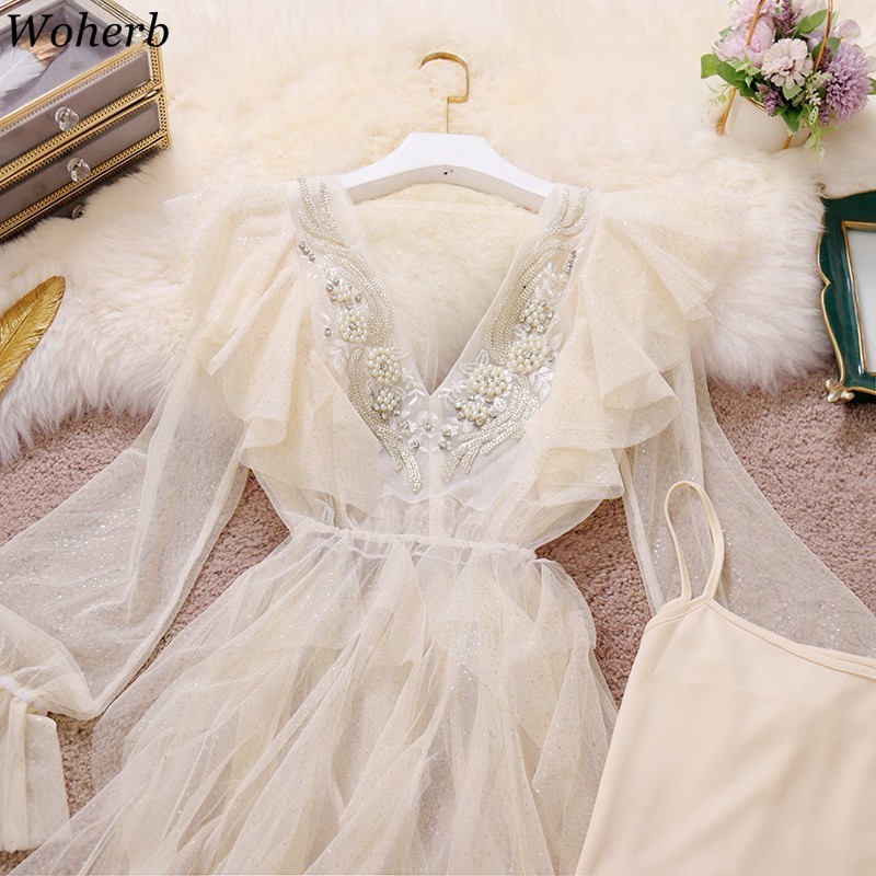 Dresses Women Spring Irregular Dress V-Neck Flare Sleeve Gauze Femme Roupas Korean Suit Sling Base Two-piece Set Vestidos 210519