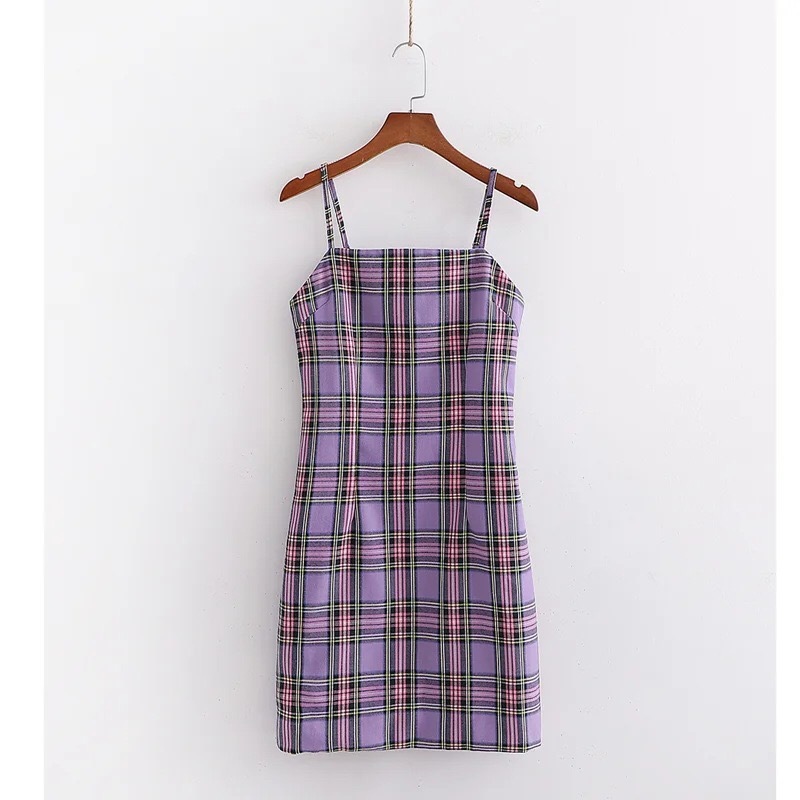 Women BLUE White Gingham Check Plaid Spaghetti Strap Mini Dress Girl's Slash Collar Slim Waist Sling Short Dresses Vintage 210429