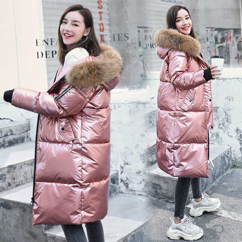 URSPORTTECH Winter Jacket Women Long Parka Big Fur Hood Thicken Warm Winter Long Coat Women Cotton Glossy Down Jacket Oversized 210528