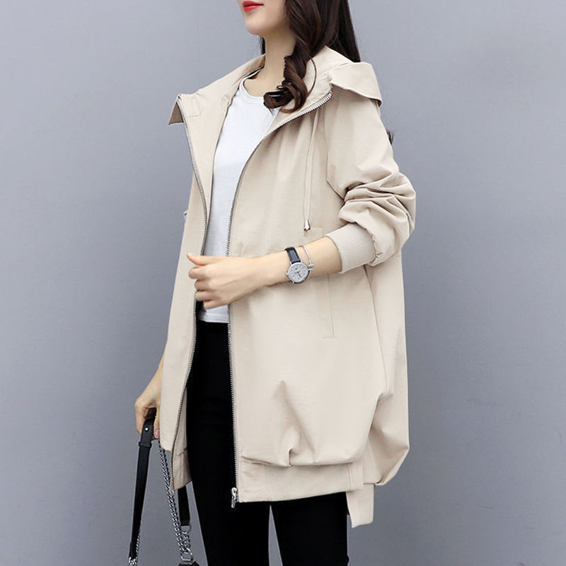 Spring Hooded Loose Trench Coats Womens Long Windbreakers Woman Casual Solid Female Black/Khaki Overcoat Women Outwear