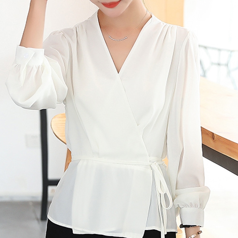 Blusas Blouses Femme Long Sleeve White Blouse Chiffon Blouse Shirt Tops Women Blusas Mujer De Moda V-Neck Blouse Women E750 210602