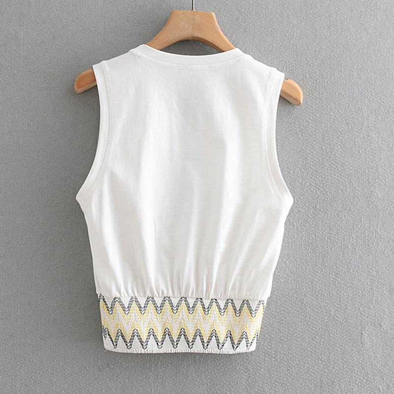 Sleeveless Geometric Color-matching White Elastic Waist Chic Women's T-shirt Summer Harajuku Female Tops 210507