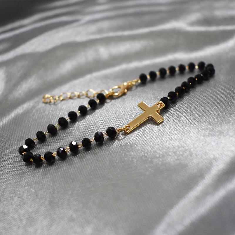 Charm Bracelets 2021 Fashion Exquisite Black Beades Cross Bracelet Gold Color Metal Chain For Women Men Party Gifts Jewelry