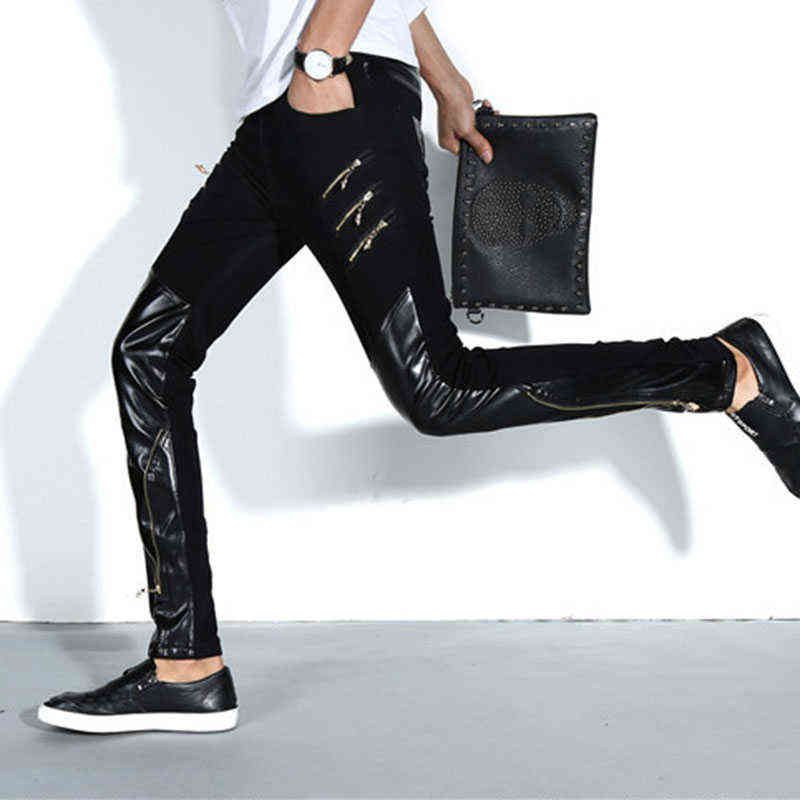Idopy Arrival Spring Fashion Mens Punk Skinny Pants For Man Cool Cotton Casual Pants Zipper Slim Fit Black Goth Trousers 211120