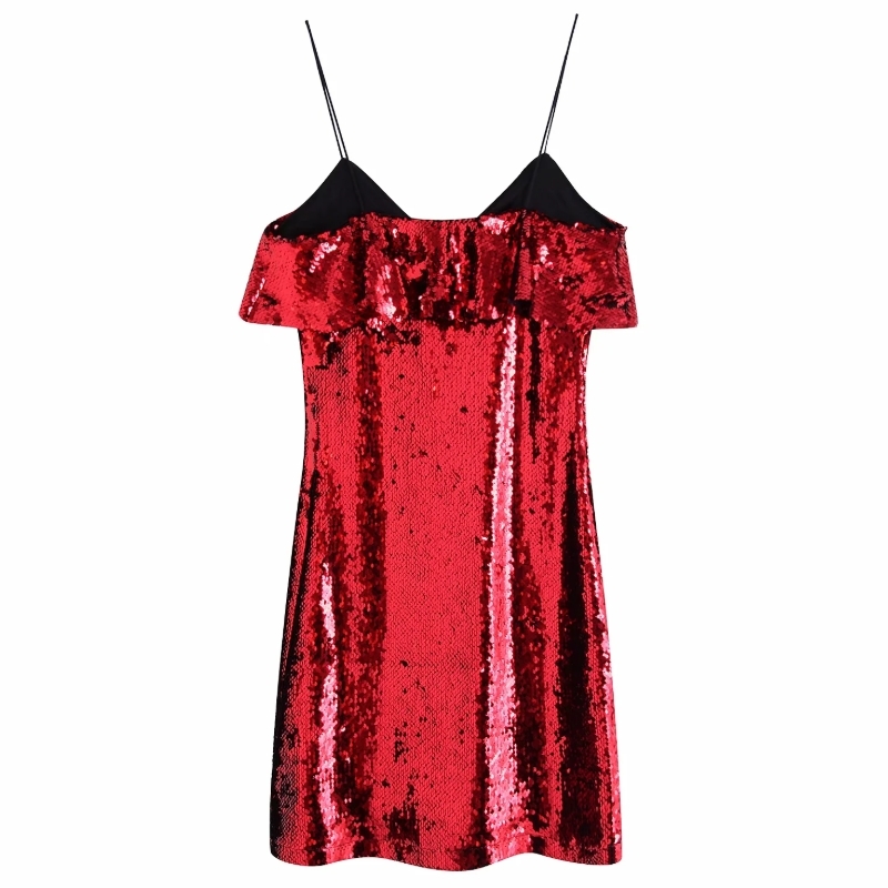 Spring Women V Neck Cascading Ruffle Sequins Suspender Mini Dress Female Clothes Casual Lady Slim Vestido D7072 210430