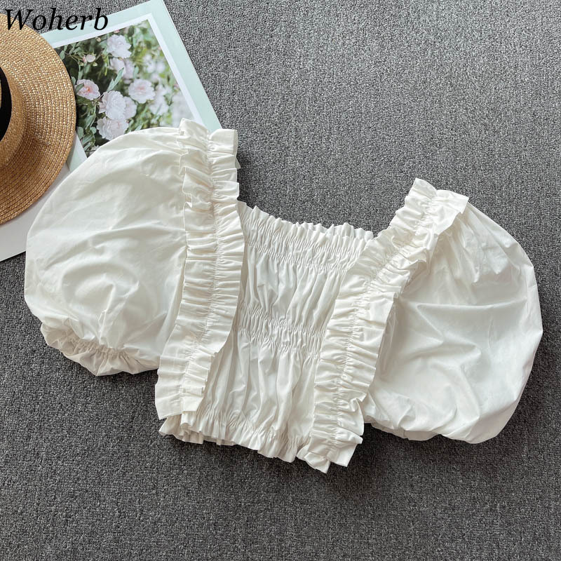 Sweet Blouses Women Square Collar Puff Sleeve Pleated Shirt Sexy Lady Elegant Fashion Crop Tops Korean Ruffles Blusas 210519