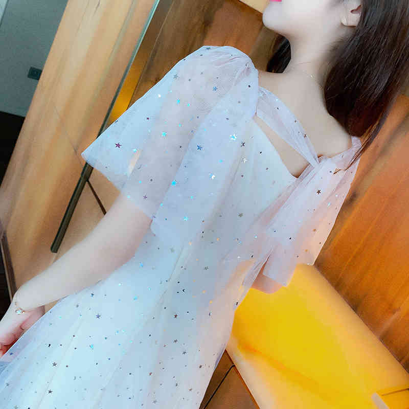 French Elegant Sequins Dress Vintage Mesh Women Fairy Summer Dress Sweet Kawaii Clothing Female Long Dress Spring 210515