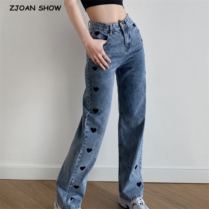 Spring Vintage Embroidery Heart High Waist Straight Jeans for Women Mum Denim Pants Street Casual Loose Long Trousers 210429