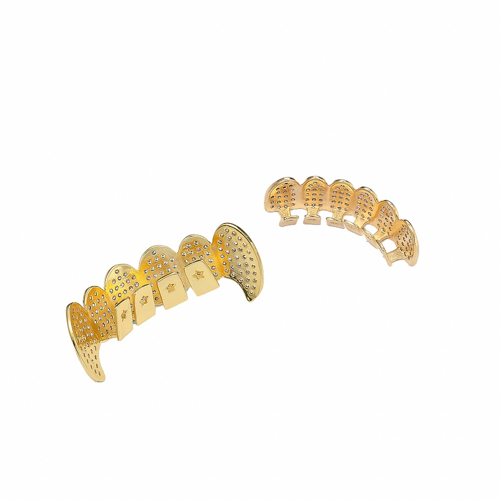 Gold Shiny ICED OUT Teeth Grillz Rhinestone Top&Bottom Grills Set Hip Hop Jewelry