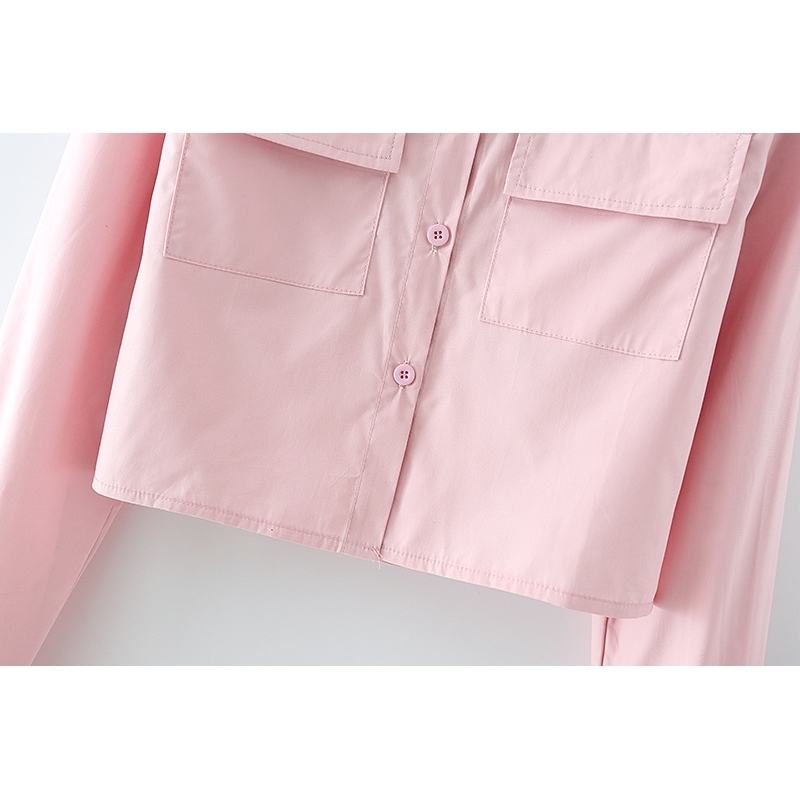 Elegant Women Solid Pink Shirts Fashion Ladies Turn Down Collar Streetwear Female Chic Pocket Short Blouses 210430