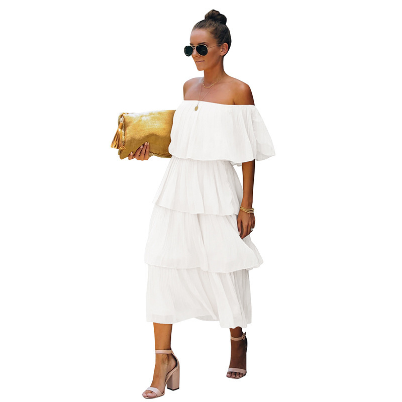 Women Dress Slash Neck Off Shoulder Ruffles Bohemian es High Waist Cake Maxi Loose Long Plus Size es 210513