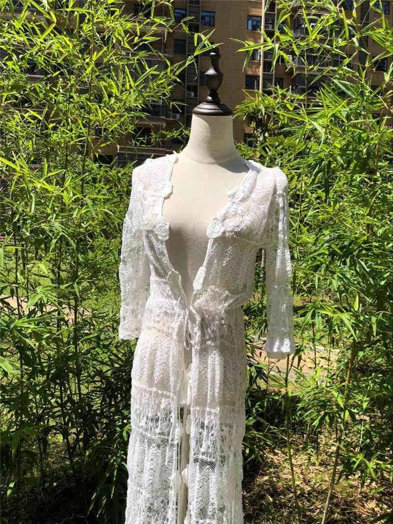 Long Lace Beach Cover up Robe de Plage Swimsuit Saida Praia longa Women Bathing suit cover Tunics for #Q532 210420