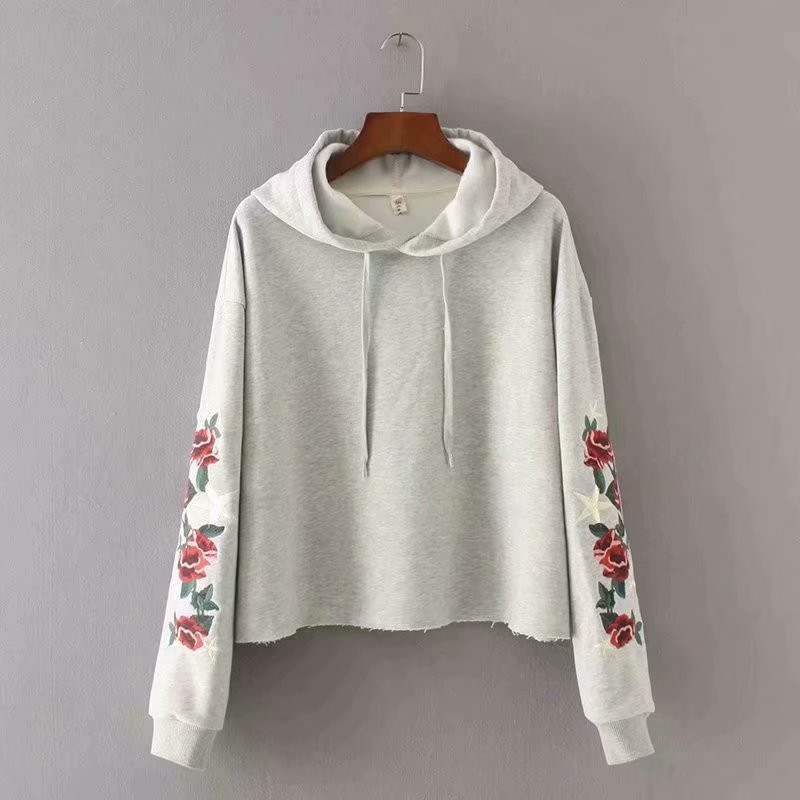 Women Fashion Flower Rose Embroidery Long Sleeve hm Hoodies Chic Ladies Hooded Collar Drawstring Casual Cotton Pullover 210421
