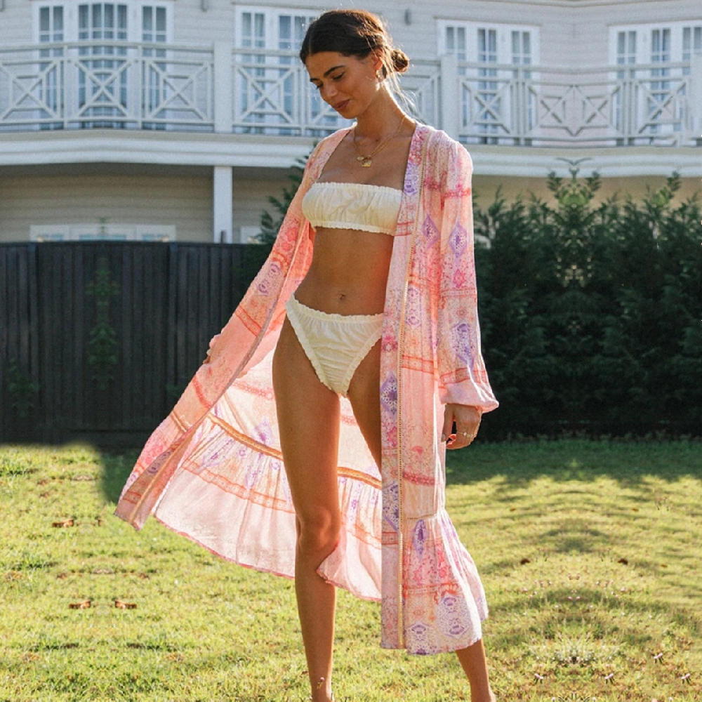 Pink Bikini Cover-ups Boho Floral Print Long Kimono Dress Plus Size Women Summer Beach Wear Swim Suit Cover Up A771 210420
