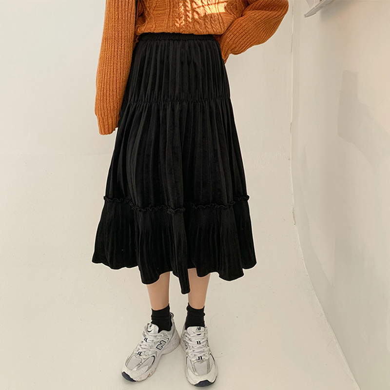 Spring High Waist Retro Solid Pleated Velvet Skirt Autumn Winter OL Elegant Fashion All-match Long Skirts Womens 210421
