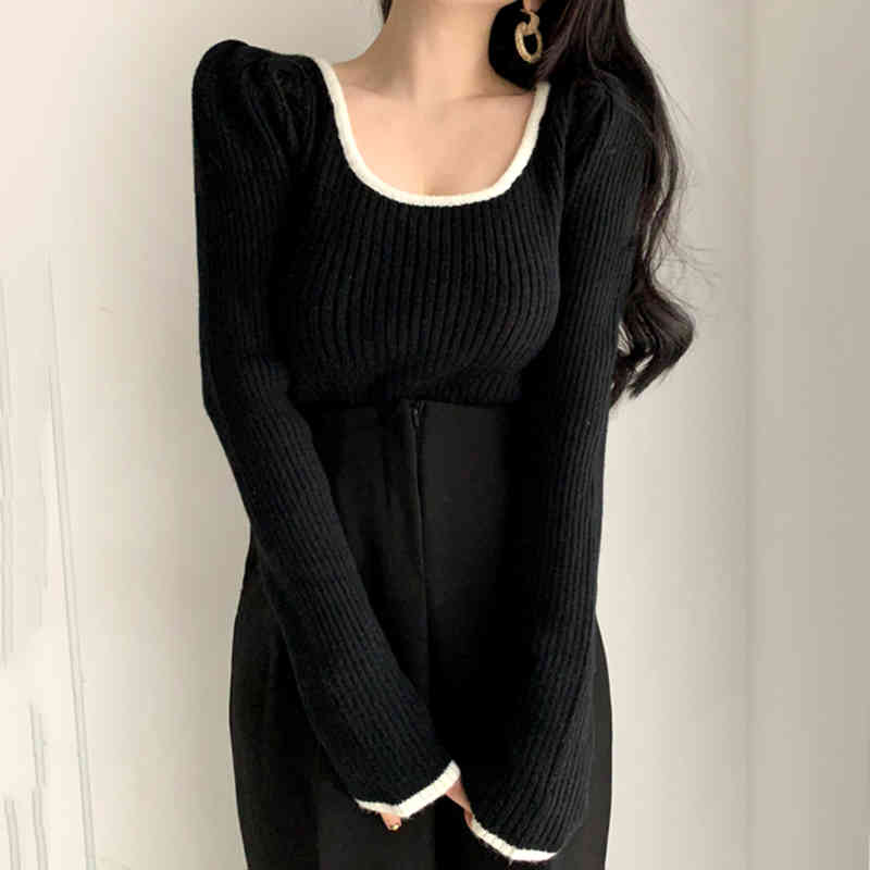 Women Autumn Winter Sweater and Pull Jumpers Square Collar Long Sleeve Soft Warm Solid Korean Chic Knitting Tops 210519