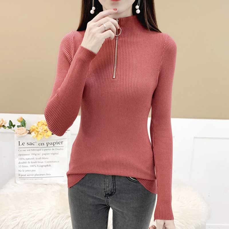 Fashion Knitted Pullover Bottoming Shirt Winter Clothes Women Half Turtleneck Sweater Zipper Knitwear Femme 11034 210427