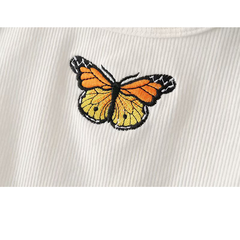 Butterfly Embroidered Word Exposed Navel Chic Women's T-shirt Round Neck Embroidered Skinny Ribbed Sleeveless Female Tops 210507
