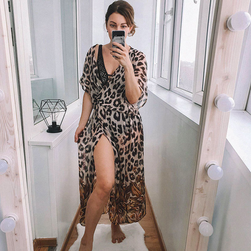 Sexy Leopard Bikini Cover-ups Bohemian Printed Long Kimono Cardigan Chiffon Tunic Women Beach Wear Swim Suit Cover Up Q951 210420