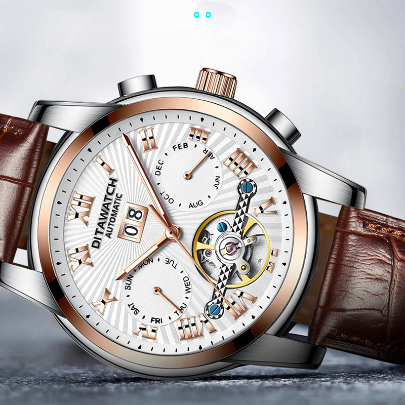 2021 Dita Double Day Calendar Tour-billon Business Shuttle Waterproof Leather Men's Mechanical Watch