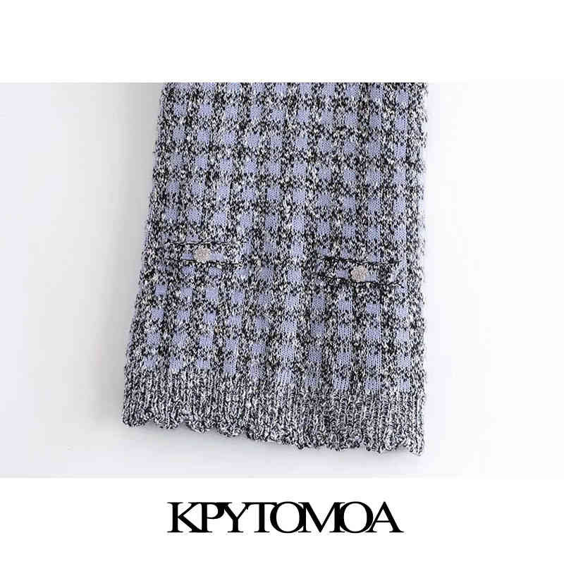 Women Sweet Fashion Bejewelled Buttons Plaid Knitted Mini Dress O Neck Sleeveless Female Dresses Mujer 210420