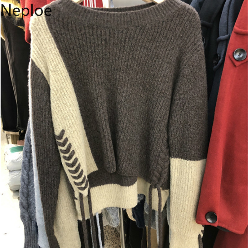 Neploe Korean Sweater Women Drawstring Knitted Pullovers Winter Clothes Woman Solid Color Chic Jumper Coat Female 4G602 210422