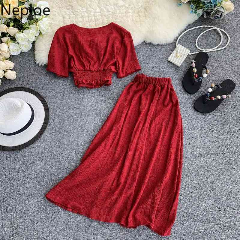 Neploe Fashion Red Suit Single Breasted Shirt Tops High Waist Slim Maxi Skirts Femme Roupas Korean 2 Piece Set Women 95497 210422