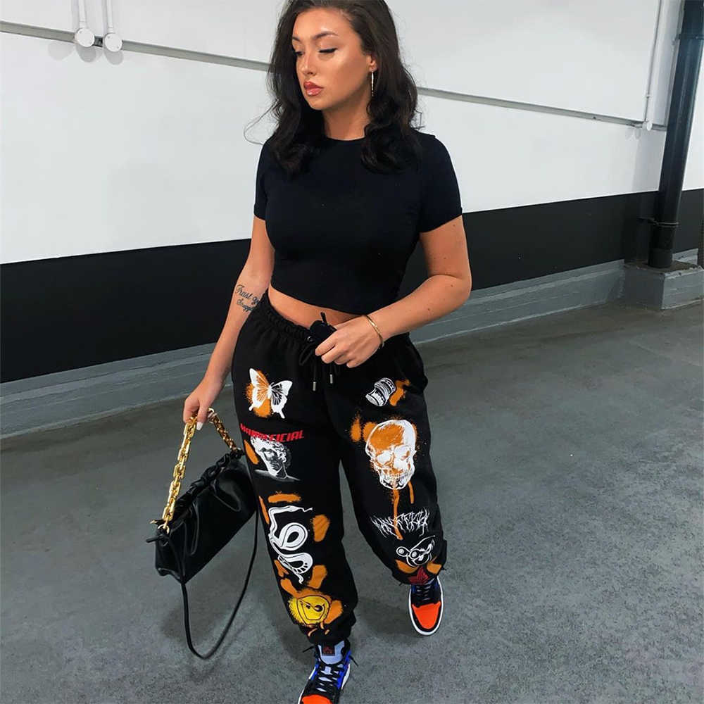 HAOOHU Streetwear Cartoon Skull Print Women Pants Autumn Elastic High Waist Pocket Trousers Urban Draped Jogger Pants Sweatpants 211006