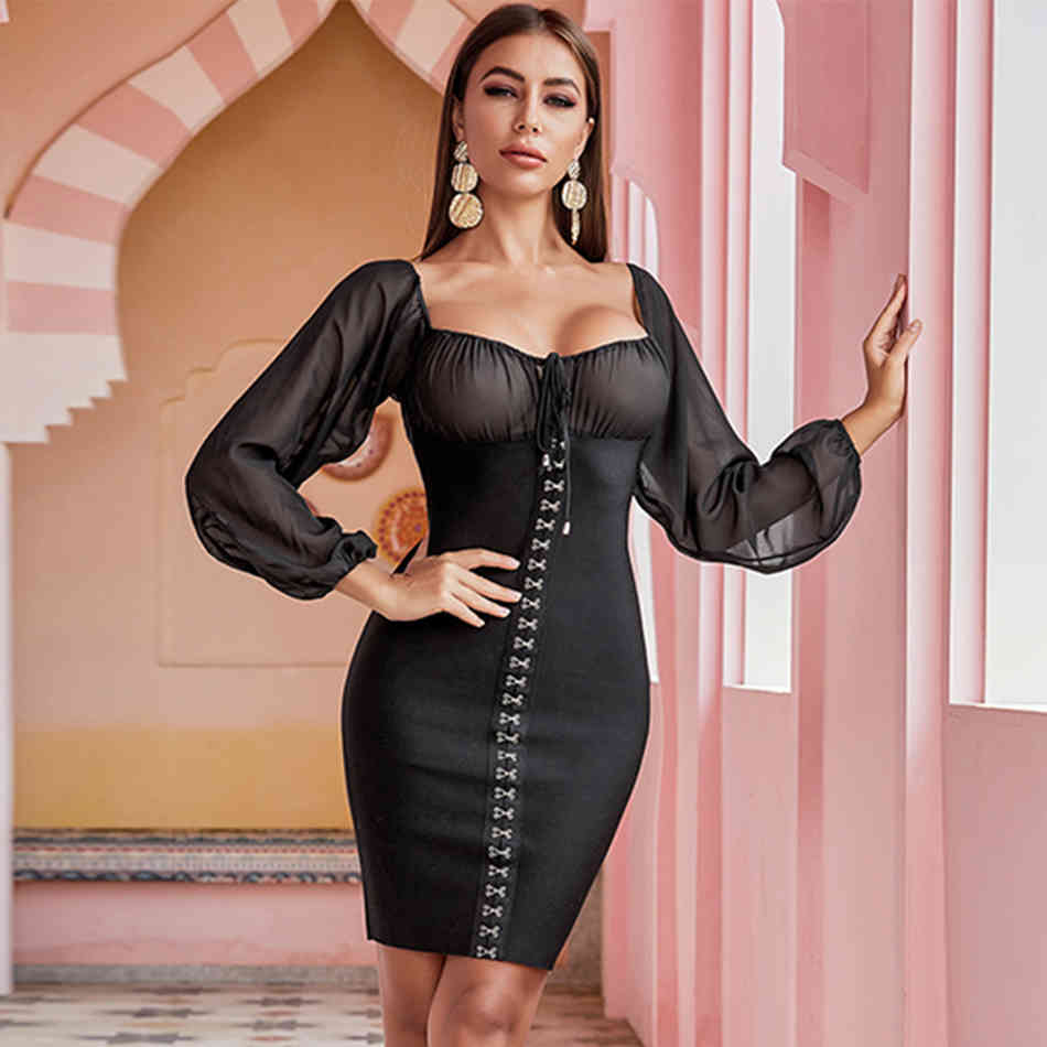 Autumn Long Sleeve Bodycon Bandage Dress Women Sexy Mesh Strapless Black Celebrity Runway Party Club Vestidos 210423