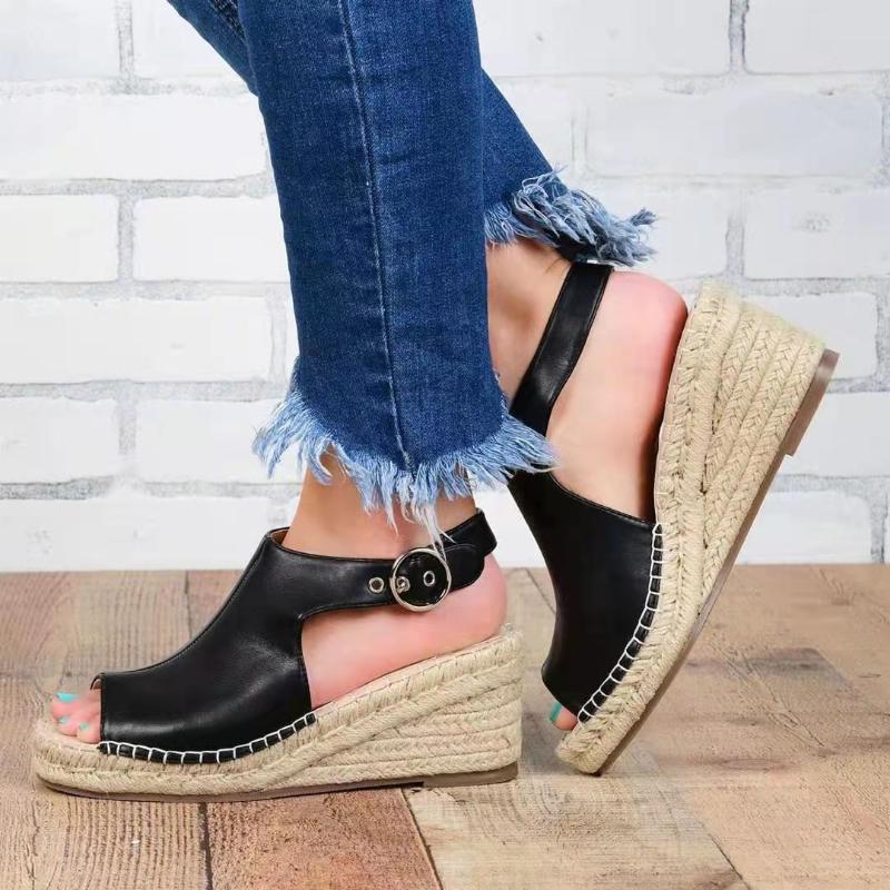 Sandals Ladies Retro Wedge Heel Buckle Straw Platform Shoes Black PU Leather Open Toe Casual High Women's Summer 2021
Sandals Ladies Retro Wedge Heel Buckle Straw Platform Shoes Black PU Leather Open Toe Casual High Women's Summer 2021