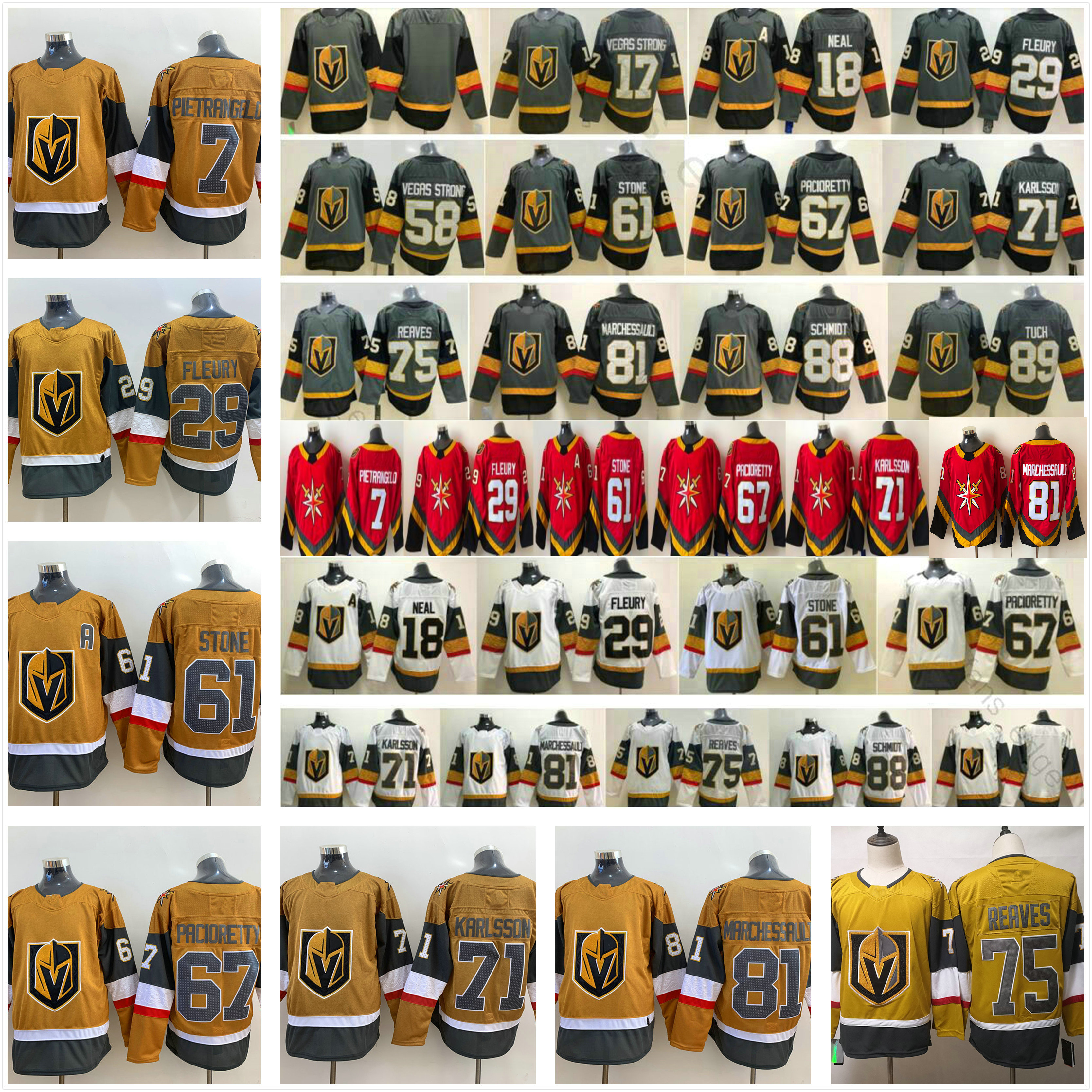 2021 Reverse Retro Vegas Golden Knights 29 Marc-Andre Fleury 71 William Karlsson 61 Mark Stone 67 Max Pacioretty Red Gold Ice Hockey Jerseys
2021 Reverse Retro Vegas Golden Knights 29 Marc-Andre Fleury 71 William Karlsson 61 Mark Stone 67 Max Pacioretty Red Gold Ice Hockey Jerseys
