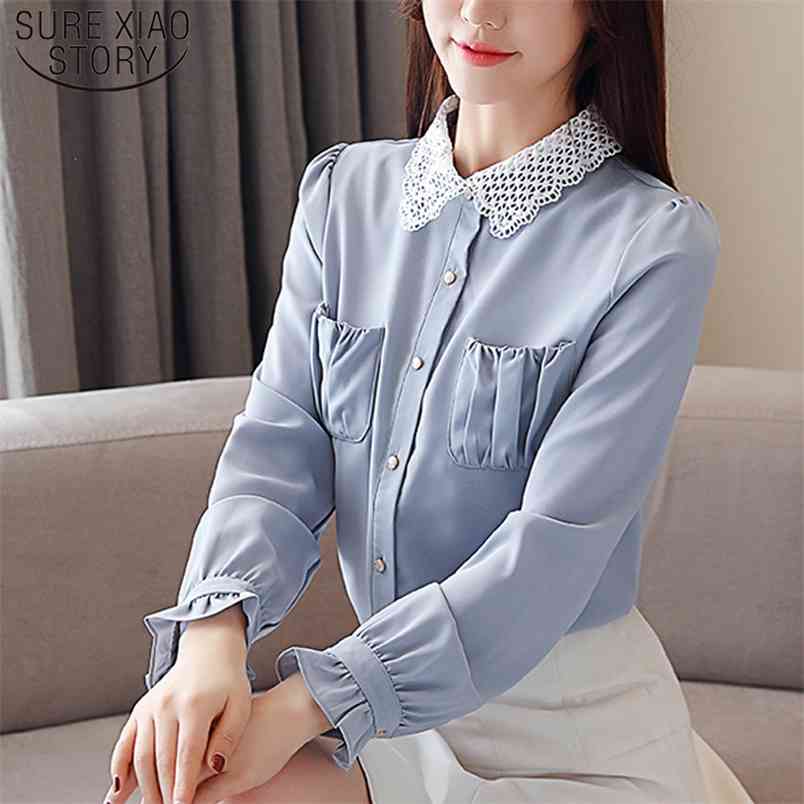 Fashion Chiffon Shirts women Long Sleeve Turn-down Collar Pockets Clothing Casual Womens Tops and Blouses 5584 50 210506