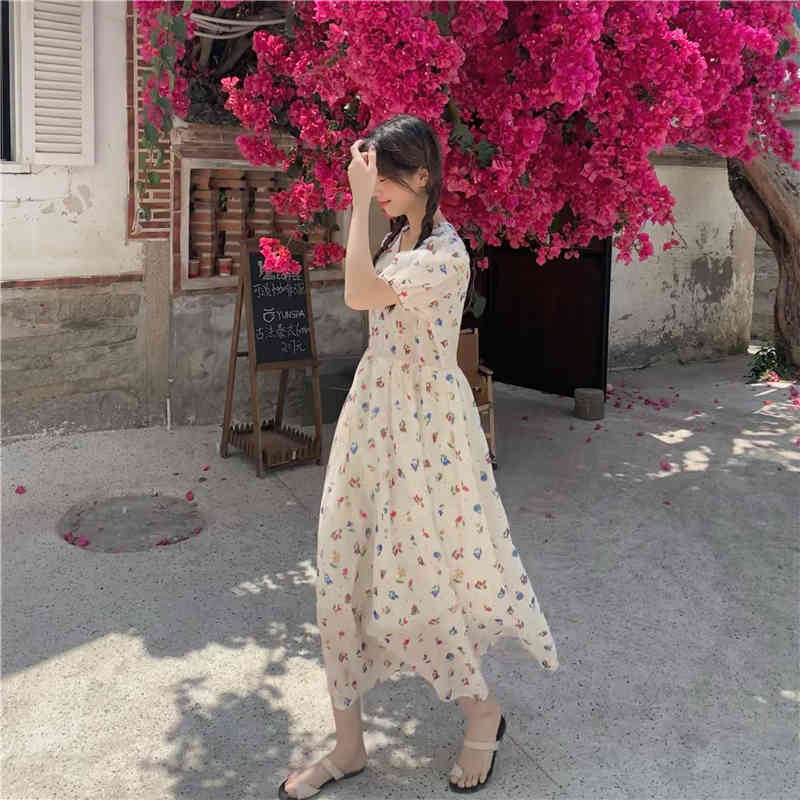 Spring Summer dress korean style floral print V neck a line dress Puff Short Sleeve long dress womens (K8134) 210423