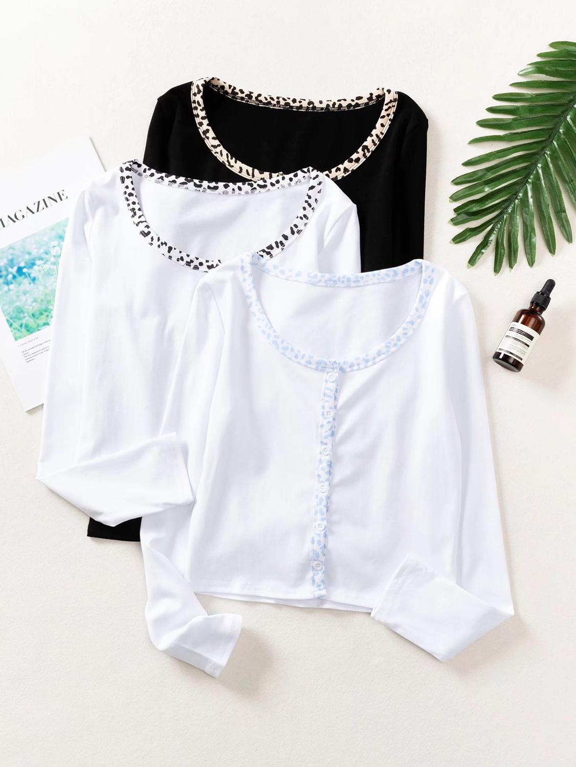 3 colors Stylish Leopard Patchwork Cropped Long Sleeve T-shirt Crop Top Chic Woman Slim Fit t shirt Basic tee 210429